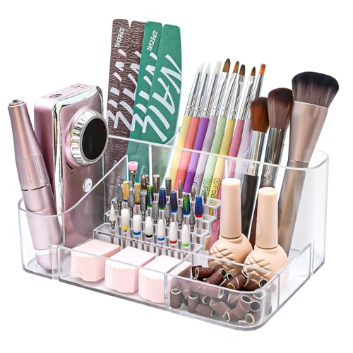 ANRUI Nail Drill Holder, 28 Holes Acrylic Nail Drill Bit Holder, Professional Nail Drill Organizer Case and Storage Box for Manicure Tools - Transparent (Not included Tools)