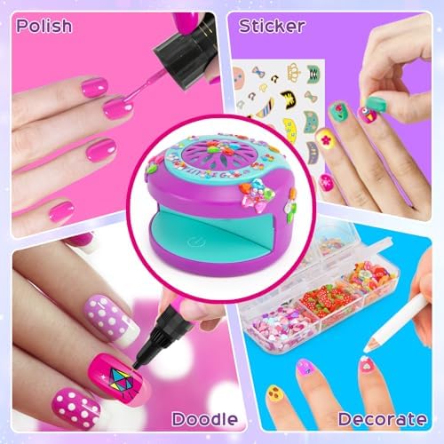 BATTOP Kids Nail Art Kit for Girls Ages 7-12 with Nail Dryer & 2 in 1 Water Based Nail Polish Pen & 3D Decoration & Sticker and Nail Flier - Idea Birthday Gifts for Girls 7 8 9 10 11 12