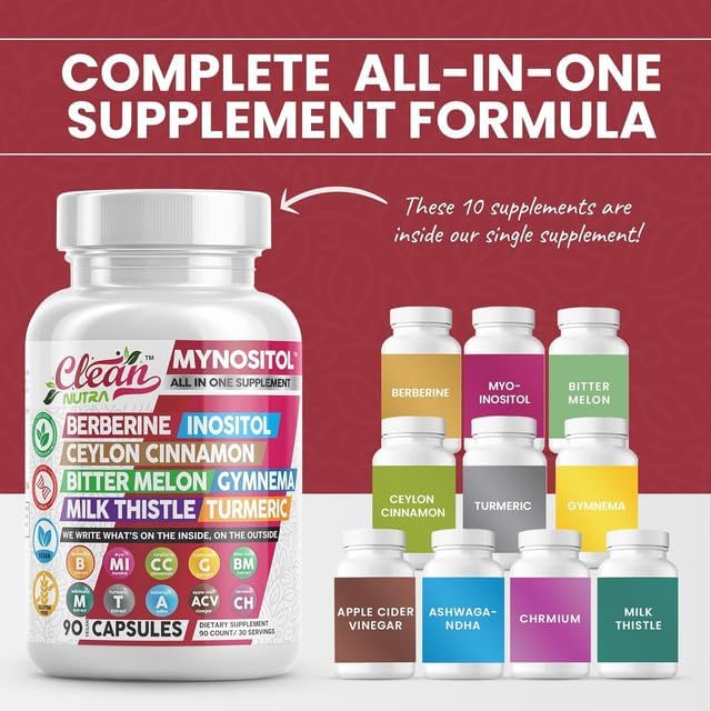 Clean Nutra Berberine Supplement with Ceylon Cinnamon, Bitter Melon, Inositol, Gynema Sylvestre, Milk Thistle, Turmeric Extract Berberis HCL Phytosome Capsules Vegan Supplements