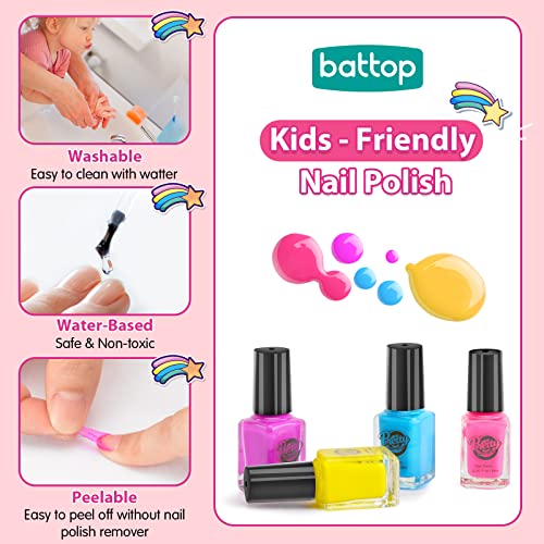 BATTOP Kids Nail Polish Set for Girls, Nail Art Kits with Nail Dryer & Glitter Pen, Quick Dry & Peel Off & Non-Toxic Nail Polish, Christmas Birthday Gifts for Girls Ages 6 7 8 9 10 11 12