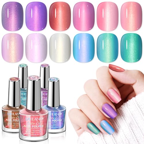 SAVILAND Aurora Nail Polish Set - 12 Shimmer & Holographic Quick-Dry Non-Gel Polish (Glossy, Pearl, Duochrome) with Base & Top Nail Coat, Salon & DIY Essentials for Nail Art