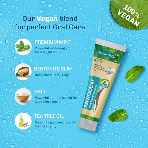 Bentodent Remineralizing Food Grade Organic Calcium Bentonite Clay Toothpaste Fluoride Free Natural Toothpaste for Adult & Kids - Mineral Toothpaste Sensitive Teeth Whitening (Premium Mint)