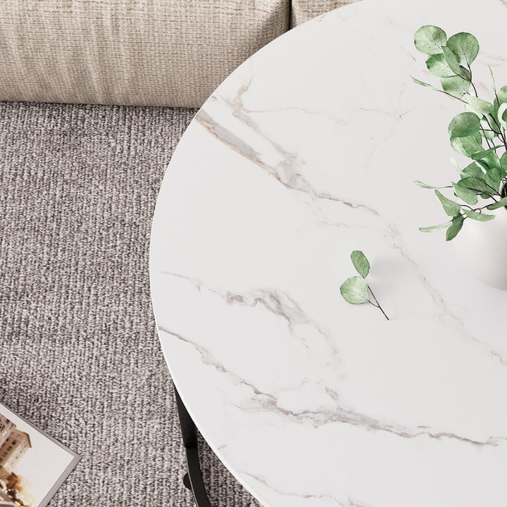 Round Nesting Coffee Table Side Table Set of 2 End Tables for Living Room Bedroom Balcony, White Faux Marble Wooden Table Accent Coffee Table with Black Steel Frame