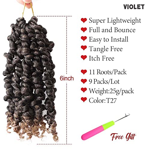 VIOLET Pre-twisted Passion Twist Crochet Hair 6 Inch 9 Packs Passion Twist Hair Pre Looped Ombre Blonde Short Passion Twist Hair Crochet Braids Hair Extensions（T27,6 Inch,9 Packs）