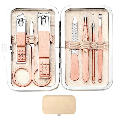 Manicure Set Nail Clipper Set Stainless Steel Women Men Toe Finger Nail Clippers Personal Care Tools with Portable Travel Case Manicure Pedicure Tools Women Men Grooming Kit Present(Rose Gold)