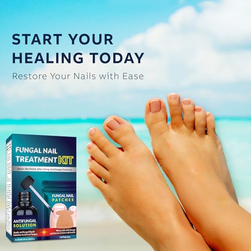 Toenail Treatment Liquid and Patches: Fast Acting Kit for Nail Repair - Extra Strength Solution for Damaged Thick Discolored Cracked Nails - Overnight Toe Finger Nail Renewal Patch