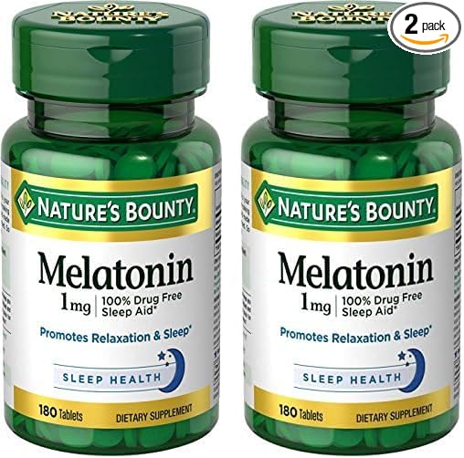 Nature's Bounty Melatonin, 100% Drug Free Sleep Aid, Promotes Relaxation and Sleep Health, 1mg, 180 Tablets (Pack of 2)