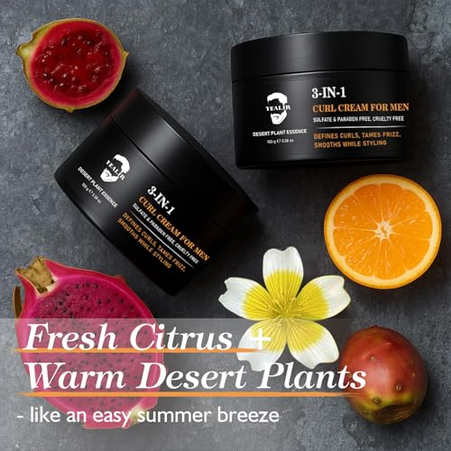 3-in-1 Curl Cream for Men - Defines Curls, Tames Frizz, Adds Smoothness and Texture for Curly and Wavy Hair, Hair Styling Cream with Desert Derived Extracts, Sulfate - Free 3.38 oz