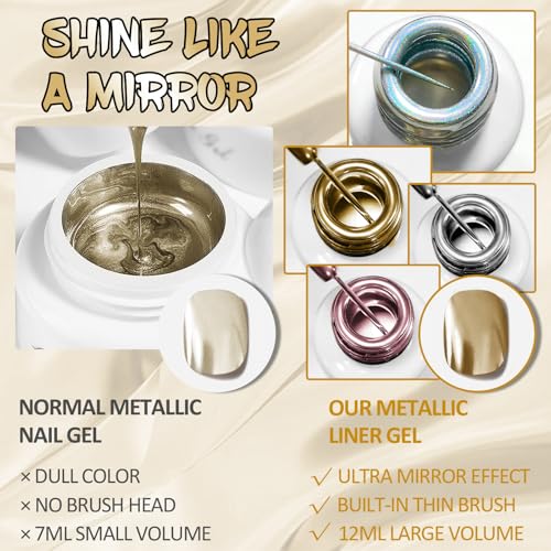 4x12ml Metallic Mirror Painting Liner Gel Polish Set, Mirror Chrome Holographic Laser Effect Painted Nail Polish, Metal Drawing Striper Gel Build in Thin Brush Nail Art Manicure Set