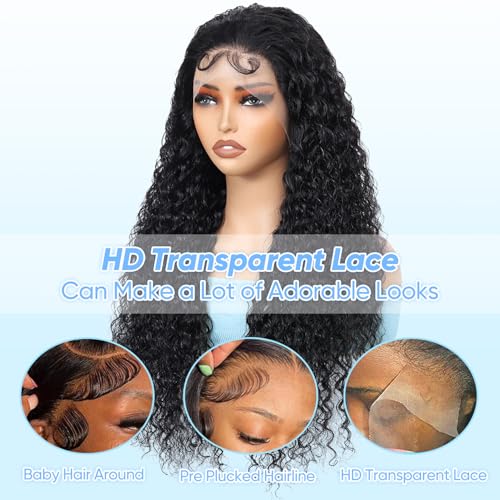 13x6 Deep Wave Lace Front Wigs Human Hair Wigs for Women 200 Density HD Transparent Deep Curly Lace Frontal Wigs Human Hair Pre Plucked with Baby Hair Natural Color 30 Inch