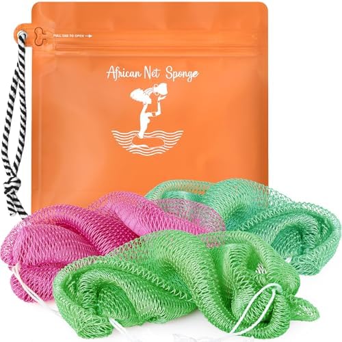 African Net Sponge Authentic - Afro Scrub Exfoliating Net Sponges with Knots - Real African Bath Sponge Washcloth for Shower - Body Exfoliator Scrubber