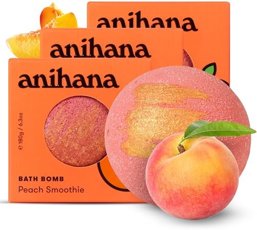 ANIHANA Bath Bombs with Coconut Oil, Paraben Free, Hand-Crafted Luxury Fizzers, Refreshing Peach Smoothie Scent, 6.3 oz Each, 3 Pack