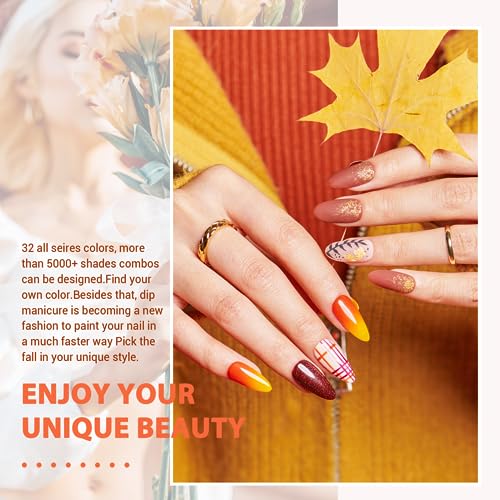 AZUREBEAUTY 42Pcs Dip Powder Nail Kit Starter, 32 Colors All Season Set Green Nude Brown Blue Dipping Powder Set with Top/Base Coat & Recycling Tray for French Art Manicure Salon