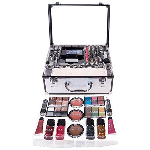 SHANY Carry All Trunk Makeup Train Case with Re-usable Aluminum Beauty Storage Organizer Case. Make up Set with Eye palettes, Blushes,Face Powders, Manicure, Pedicure and Cosmetics Brushes.