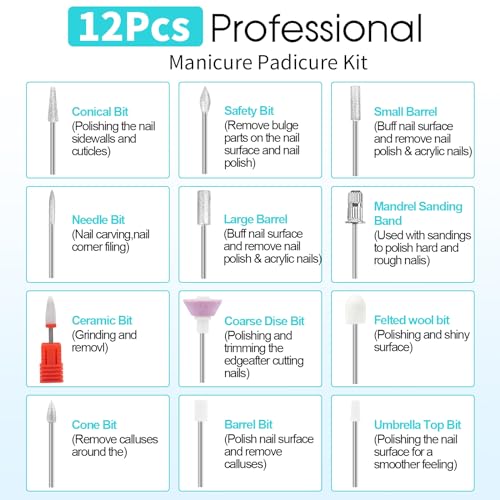 Electric Nail Drill, Professional Manicure Pedicure Kit, Cordless Electric Nail File Set, Rechargeable Pedicure Tools for feet, 3 Speeds Hand Foot Care Nail Drill for Thick Nail Toenail Cuticle