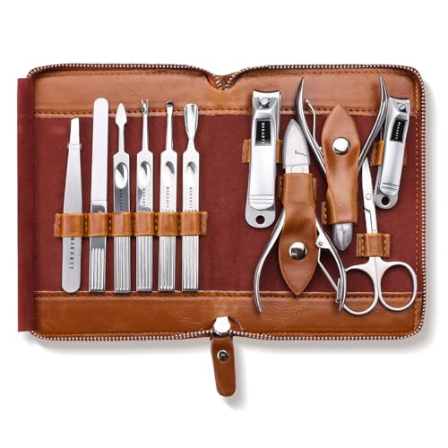 Makartt Manicure Kit: Professional Nail Care Clippers Set - 11 pcs Stainless Steel Tavel Women Men Fingernail Grooming Tool with Portable Brown Leather Case