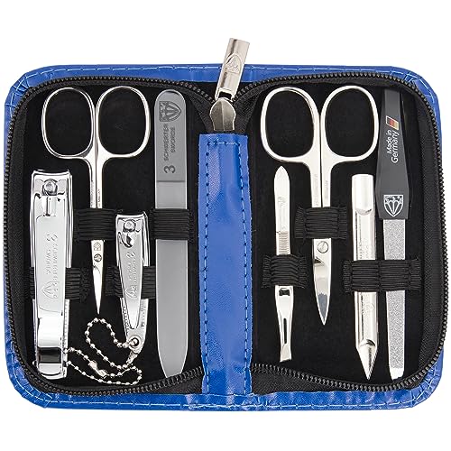 3 Swords Germany - brand quality 8 piece manicure pedicure grooming kit set synthetic leather case blue - Made in Germany