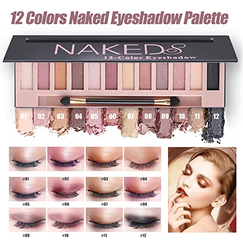 All in One Makeup Kit, Includes 12 Colors Naked Eyeshadow Palette, Beige Liquid Foundation, Lipstick Set, Eyebrow Soap, Eyeliner Stamp, Waterproof Mascara, Brush, Sponges