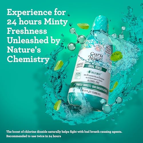 GuruNanda Fresh Breath Mouthwash, ADA-Accepted, Alcohol & Fluoride-Free, Sodium Chlorite, Essential Oils & Vitamins, 12-Hrs Fresh Breath, Wild Mint, 33.8 oz