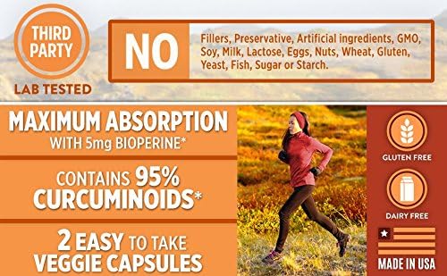 1600mg Organic Turmeric Curcumin w/Bioperine and Black Pepper | Non-GMO | Natural Joint Support | Highest Potency with 95% Standardized Curcuminoids | Gluten Free | 120 Vegetarian Caps