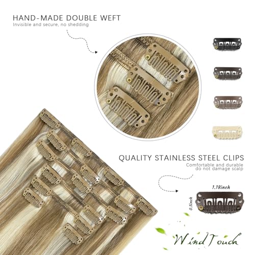 WindTouch Clip in Hair Extensions Real Human Hair Balayage Mixed Bleach Blonde Hair Extensions 15Inch 75g 7PCS Highlights Straight Blonde Clip in Extensions for Women