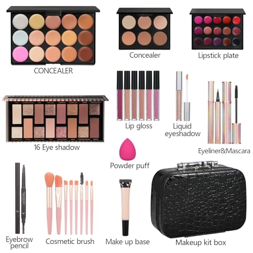 Makeup Kit For Girls Gift, Make up Kit For Women Full Kit Includes Sponge Eyeshadow Liquid Lipstick Concealer Eyeliner Eyebrow Makeup Bag