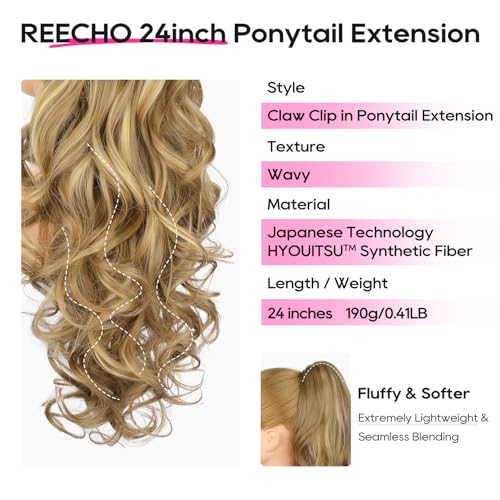 REECHO Ponytail Extension, 24" Claw Clip in Ponytail Extensions Long Curly Wavy Ponytail Hair Extension Jaw Clip on Pony Tails Hairpiece for Women - Medium Blonde with Blonde Highlights