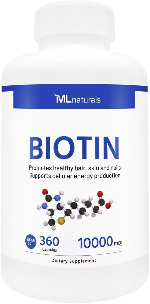Biotin 10000 mcg 360 Capsules. Supports Healthy Hair, Skin, Nails, and Energy Production.