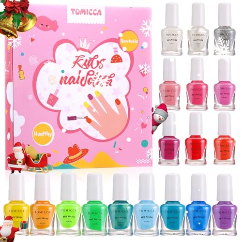 TOMICCA Kids Nail Polish Sets, 18 Pcs 100% Non Toxic Peel Off Water Based Safe Quick Dry Nail Polish Kit, Birthday Gifts Nail Paint Set for Girls with Nail Separator Stickers Kit (Ages 3+)