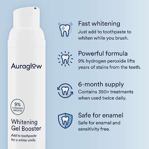 Auraglow Whitening Toothpaste Booster, Add to Toothpaste to Whiten, 9% Hydrogen Peroxide Teeth Whitening Gel Toothpaste, 350+ Whitening Treatments, 6-Month Supply, 2.6oz