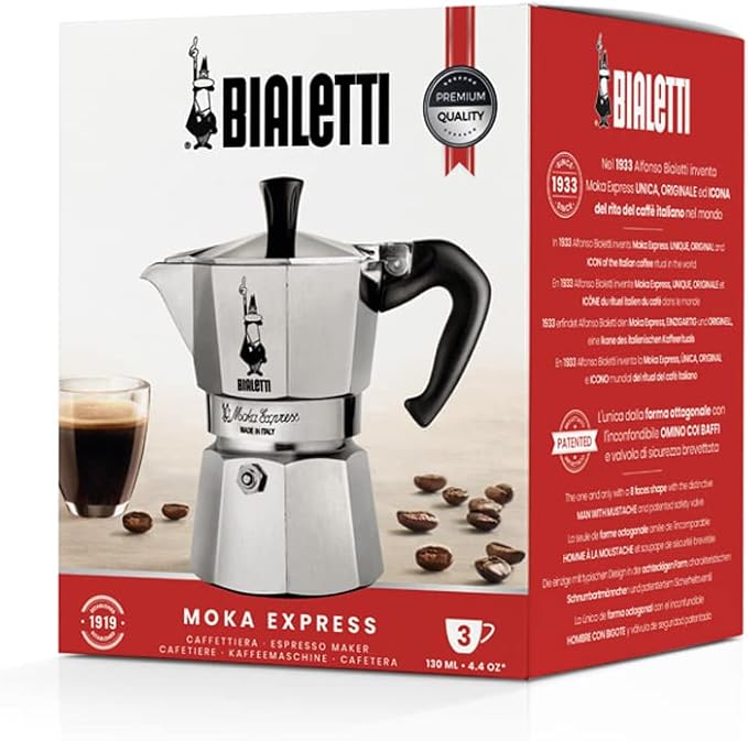 Moka Express: Iconic Stovetop Espresso Maker, Makes Real Italian Coffee, Moka Pot 3 Cups (4.4 Oz - 130 Ml) , Aluminium, Silver