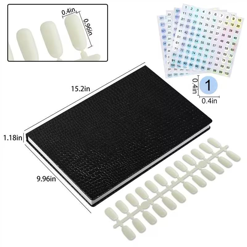 Professional 308 Nail Colors Chart with Number Labels, Black Nail Gel Polish Display Card Book, Nail Art Salon Display Booklet, Nail Color Swatches Nail Practice Card Design Board