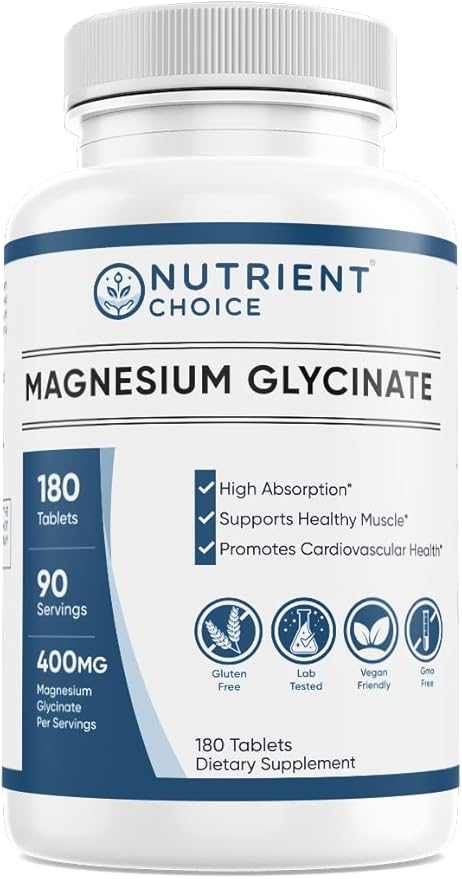 400 mg Magnesium Glycinate 180 Tablets Non Buffered High Absorption Non-GMO Promotes Cardiovascular Health Supplement for Stress Relief, Sleep, Heart Health, Ease Muscles, Calm Headaches, Nerves