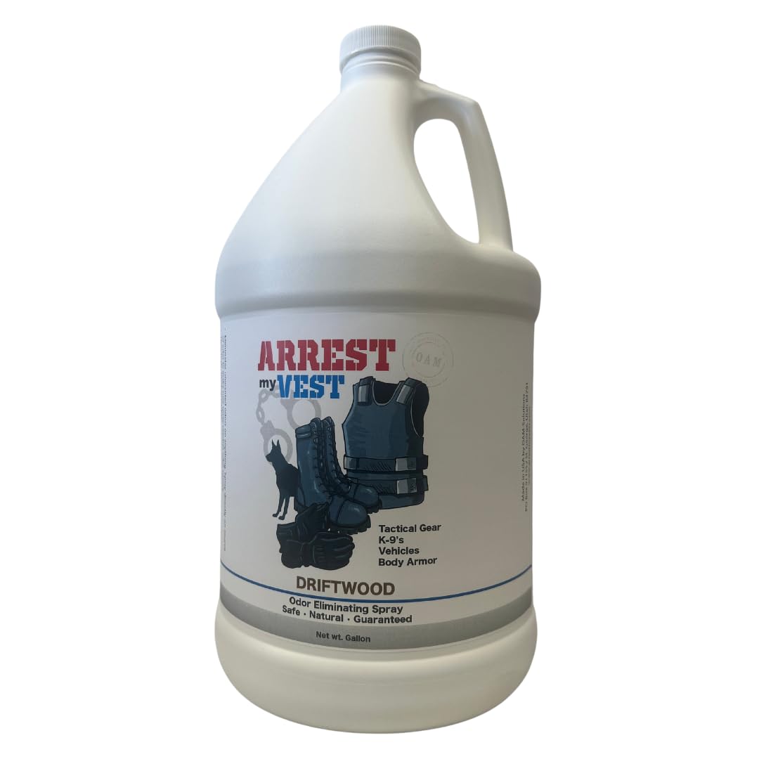 Arrest My Vest Military Grade Odor Eliminating Spray for Body Armor, Tactical Gear, and K9 Equipment. Safe on All Ballistic Vests, Fabrics, & Police Gear - Driftwood Fragrance - 1 Gallon Bottle
