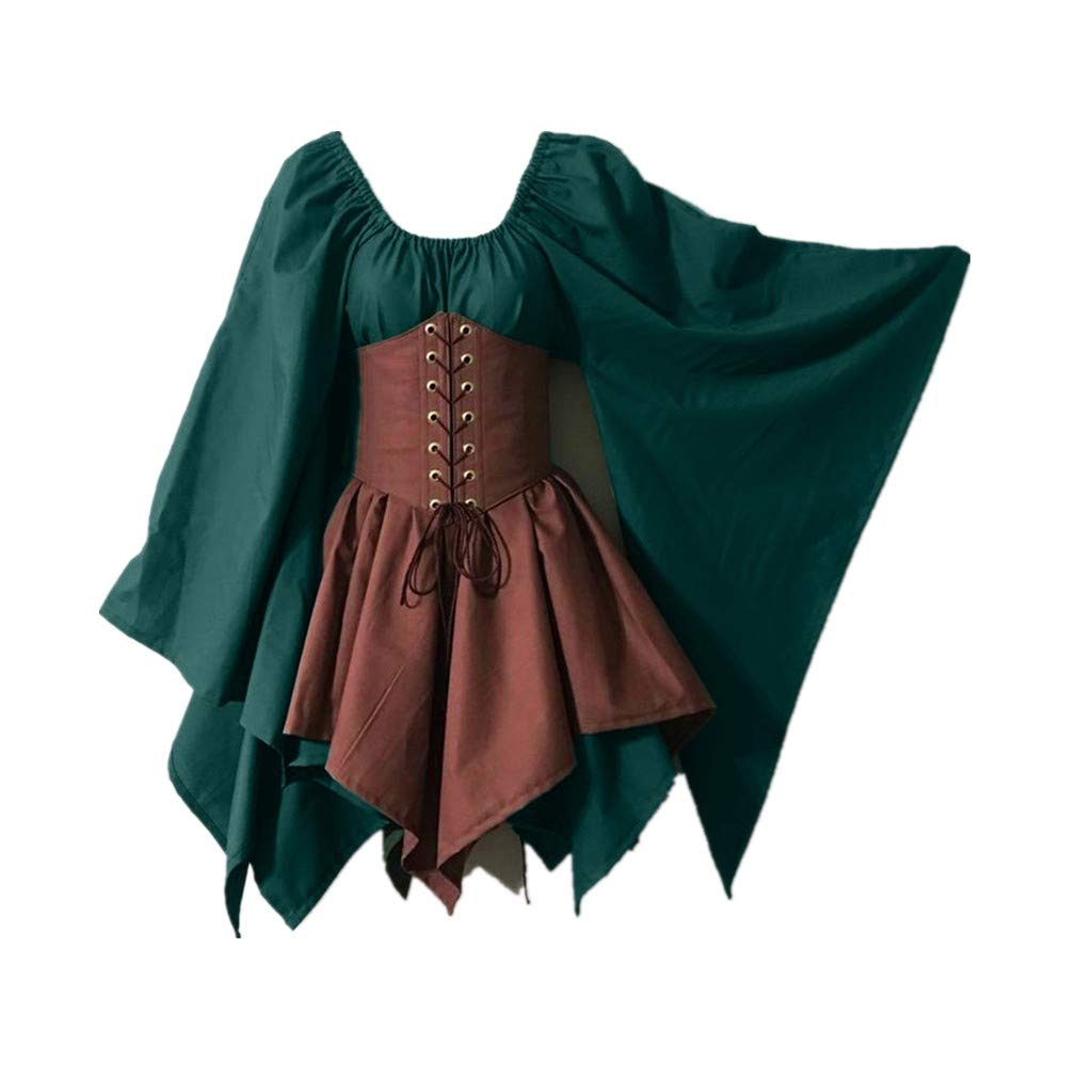 KEGIRLOM Lightning Deals Today Women's Medieval Renaissance Dress Costume Flare Sleeve Corset Skirt Overskirt Elven Archer Irish Over Gown 2pcs Set,Lolita Dress for Women