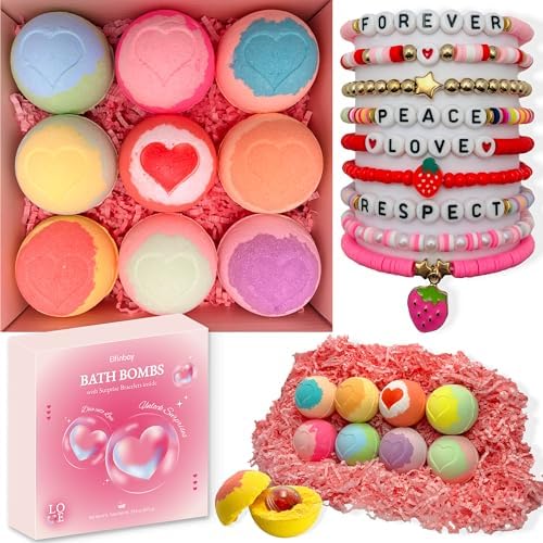 Bath Bombs for Kids with Surprise Inside, 9 Heart Imprint Kids Bath Bombs for Girls, Toddler Bath Bomb with Bracelets Inside, 3 4 5 6 7 8 Year Old Girl Birthday Gifts Christmas Stocking Stuffers