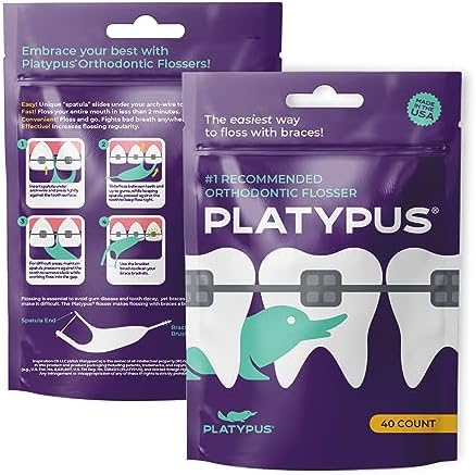 Platypus Orthodontic Flossers for Braces, 40 Count (Pack of 3), Ortho Picks for Adults & Kids, Fits Under Arch Wire, Non-Damaging, Encourage Flossing Habits