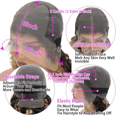 13x6 Highlight Deep Wave Lace Front Wigs Human Hair 210% Density Deep Curly Human Hair Wig Pre Plucked 28inch P4/27 Ombre HD Lace Frontal Wigs for Women