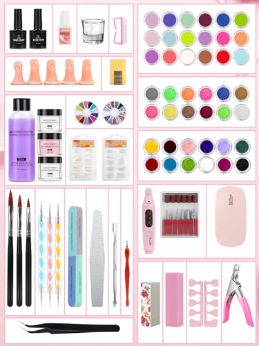 42 Colors Acrylic Nails Kit with Drill and UV Light - Acrylic Nail Powder, Glitter and Monomer Liquid Kit with Storage Bag, 5PCS Practice Fingers
