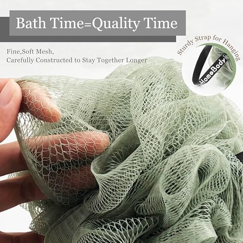 myHomeBody Large 70g Loofah Sponge, Bath Body Scrubber for Women, Men, Exfoliating Shower Pouf with Activated Charcoal - 2 Graphite Gray + 1 Sage Green, 3 Pack