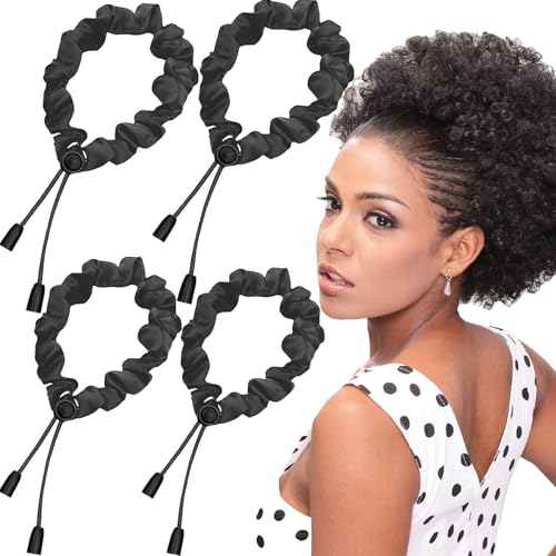 4pcs Black Adjust Satin Hair Scrunchies for Women Girls, Adjustable Hair Ties Soft Than Silk for 4c Girlie Thick Curly Natural Hair, Easy to Use Hair Accessories for Afro Puff Loc Ponytails