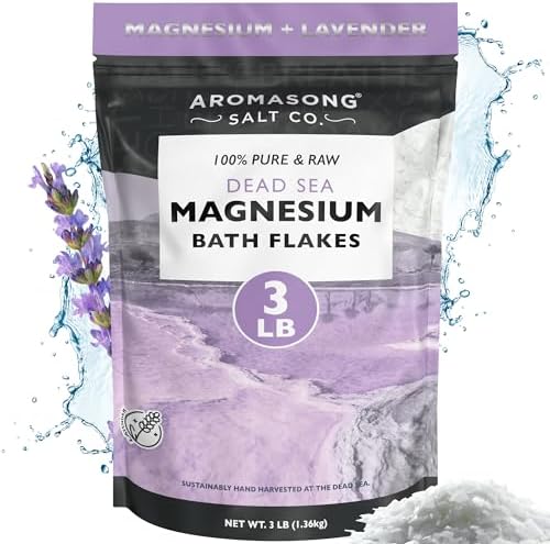 Aromasong RAW Magnesium Bath Flakes with 100% Natural Lavender, 3 LB Muscle Relaxing Organic Salts Mg Chloride, Mineral Soak. (Packaging May Vary)