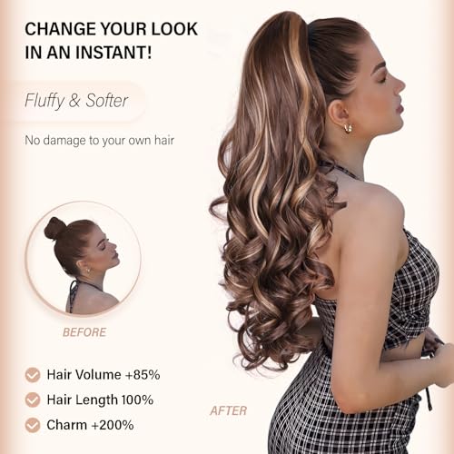 24 Inch Ponytail Extension, Clip on Ponytails for Women, Long Curly Wavy Ponytail Extensions for Women, Synthetic Layered Pony Tails Hair Extensions (Color: Chestnut Brown With Golden Highlights)