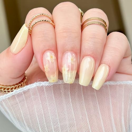 Semi Cured Gel Nail Strips | No LED Lamp Needed | Solid, Yellow, Spring |Easy Apply & Remove, Salon Quality|Includes 28 Strips, 1 Prep Pads, Nail File & Wooden stick- Hey, Let's Catch Some Rays