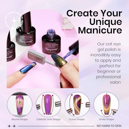 12 Colors Cat Eye Gel Polish with Magnetic Stick, Chameleon Magnetic Gel Polish Kit Trible Colors Effect Galaxy Cateyes Nail Polish Gel Collection Home DIY Manicure for Women Girl