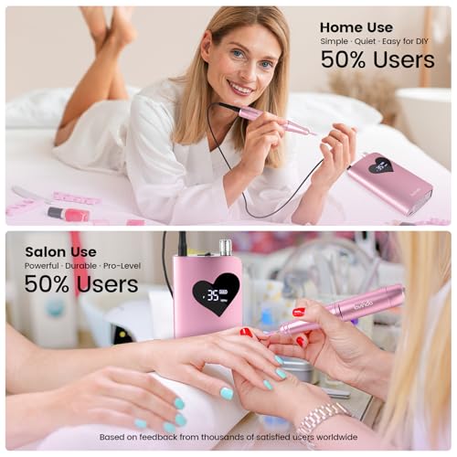 Lavinda Professional Nail Drill 35000 RPM – Cordless Electric Nail File Kit with Heart Display, Rechargeable E File Machine with 6 Bits, Quiet Nail Drill for Acrylic Gel Nails, Home & Salon-Pink