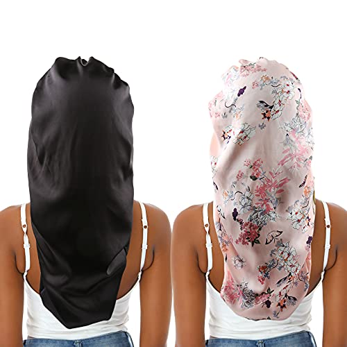 2pcs Extra Long Hair Satin Bonnet for Women, Single-Layer Night Sleep Cap Bonnet with Elastic Band for Braids/Dreadlocks/locs/Curly/Long Hair (Black+Pink Flower)