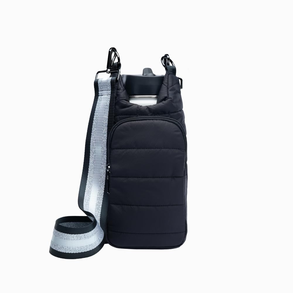 WanderFull Original Crossbody HydroBag | Quilted Water Bottle Carrier | Puffer Tote Tumbler Holder with Pockets for Phone & Accessories | Carry Travel Essentials (Matte Black/Silver Striped Strap)