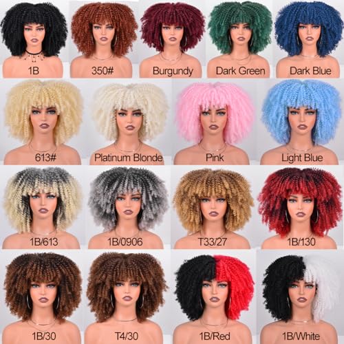 Afro Curly Wig with Bangs 12 Inches Synthetic Afro Wig for Women about 280g/Pcs Heat Resistant Black Short Kinky Curly Wigs for Daily Party