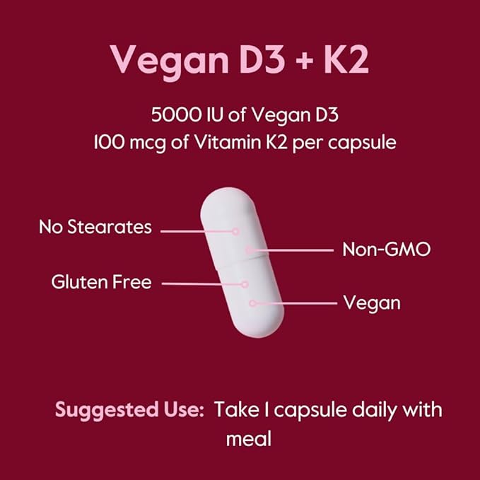 BESTVITE Vegan Vitamin D3 5000 IU + Vitamin K2 100 mcg as MK-7 (120 Vegetarian Capsules) - No Stearates - Vegan - Non GMO - Gluten Free